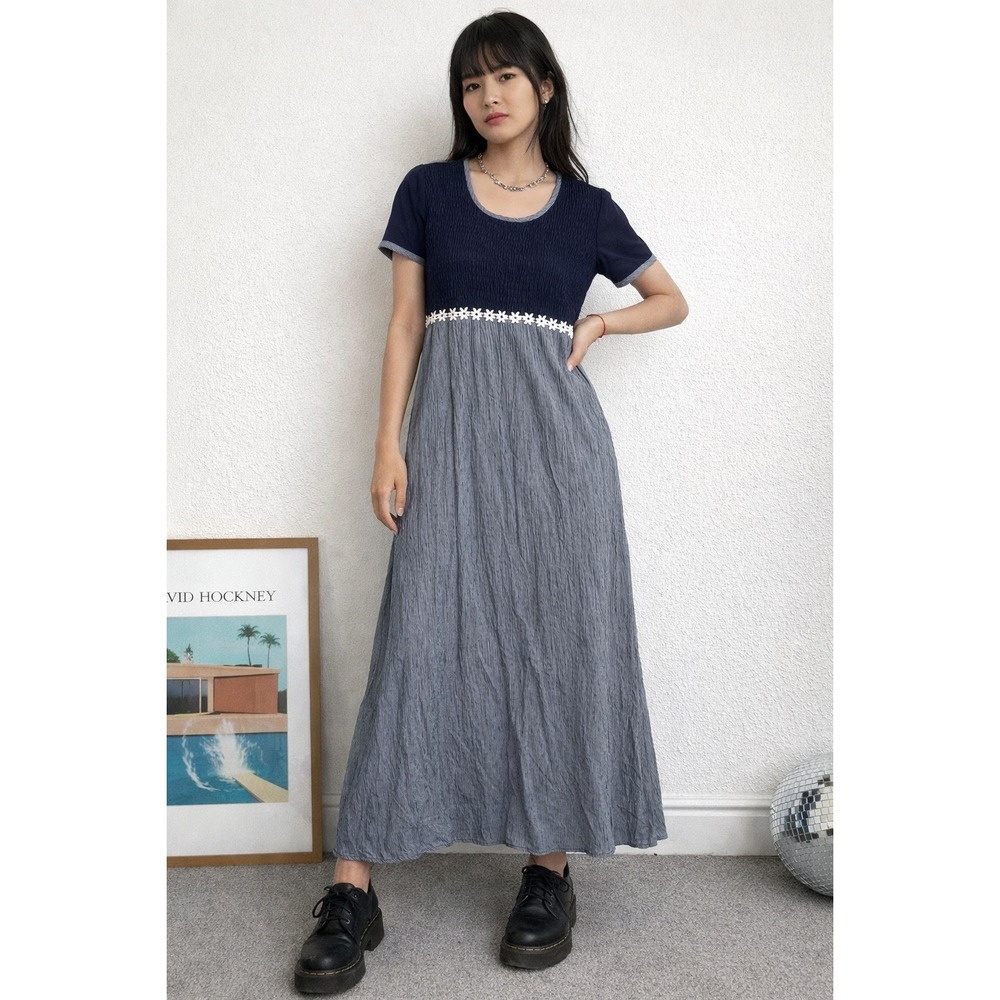 Vintage‎ 90s LA Gal Navy Blue Smocked Waist Maxi Dress Daisy Trim Made in USA- 8